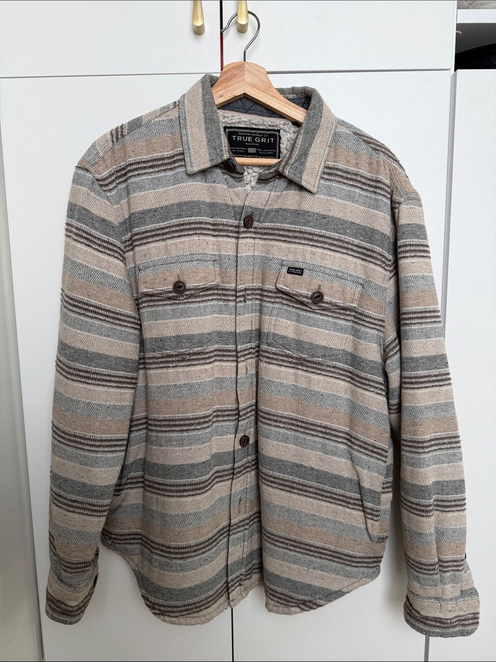 True Grit Beige & Gray Striped Shirt Jacket